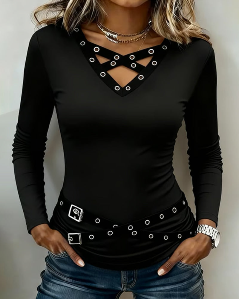 Top with V-Neck and Long Sleeves