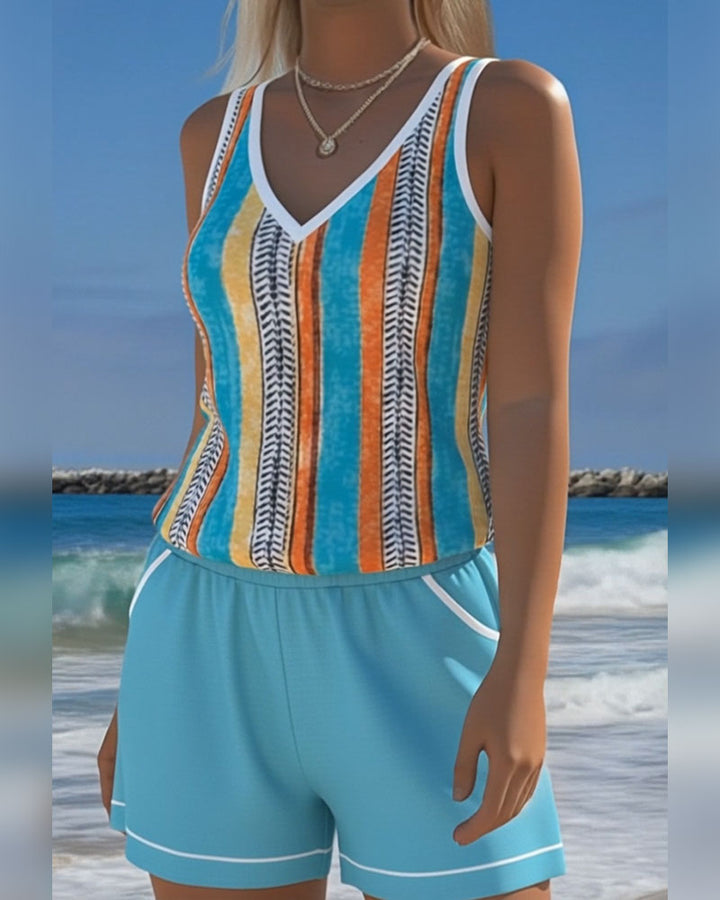 Printed V-Neck Tankini Swimsuit