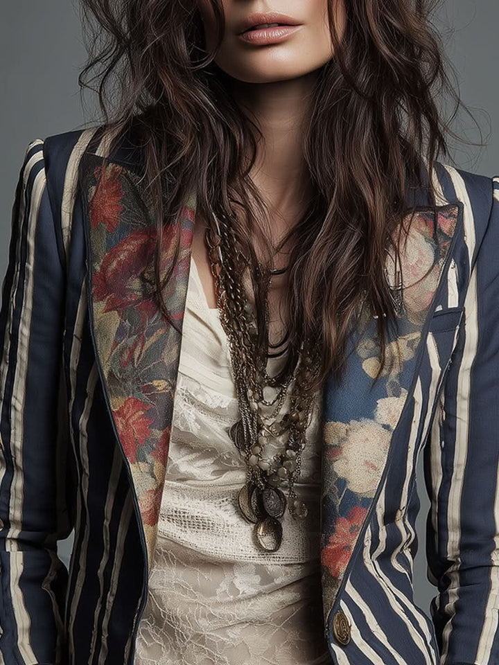 Naomi | Bohemian Floral Design Striped Blazer