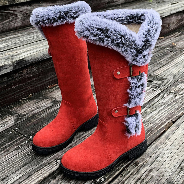 Juliette | Women's Faux Suede Fur-Trim Buckle Knee-High Boots