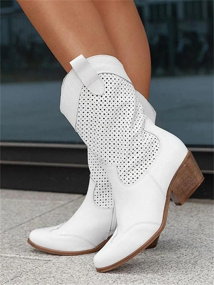 Paulina | Perforated Leather Cowboy Boots with Block Heel