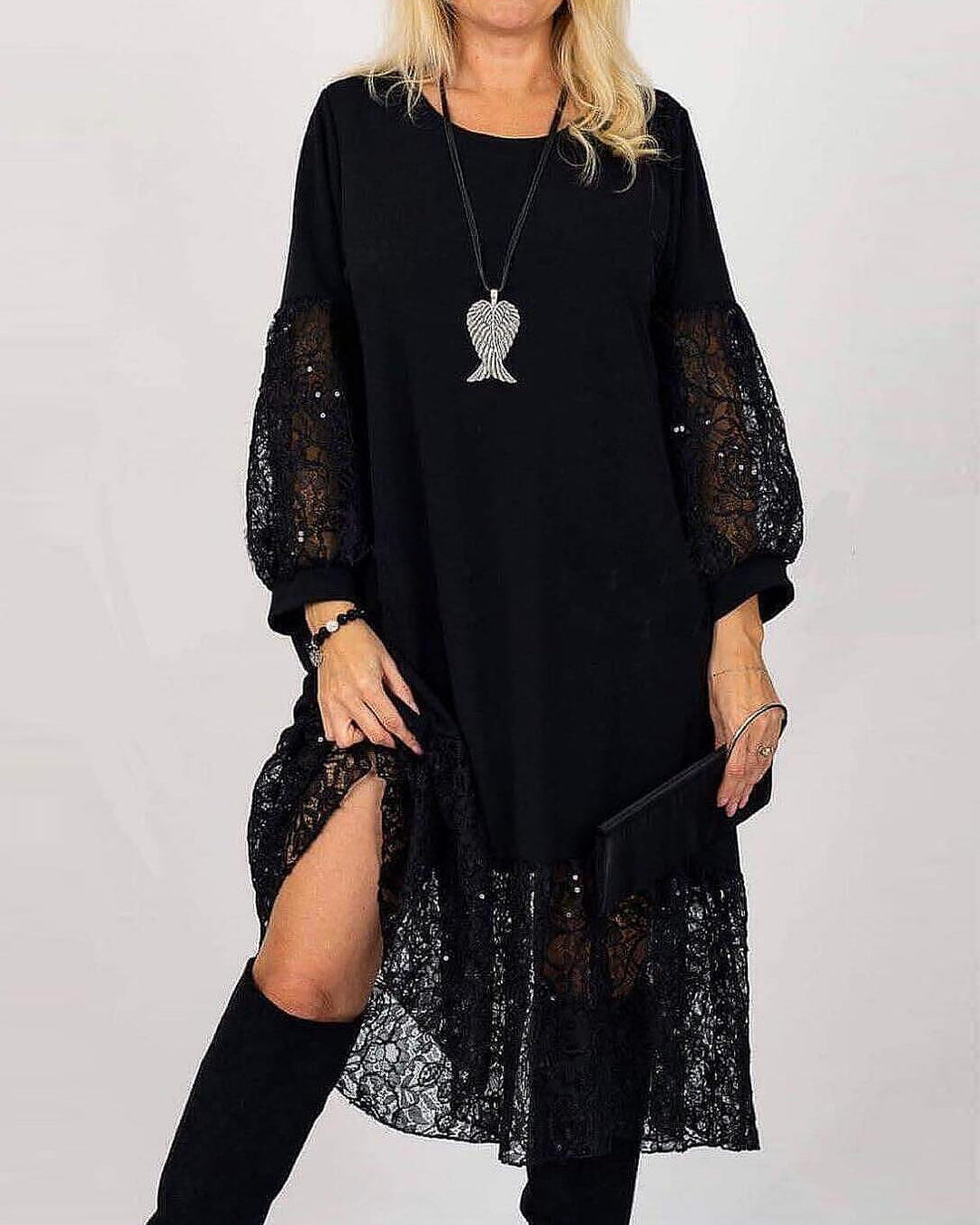 Dress Round Neck Lace Patchwork Loose