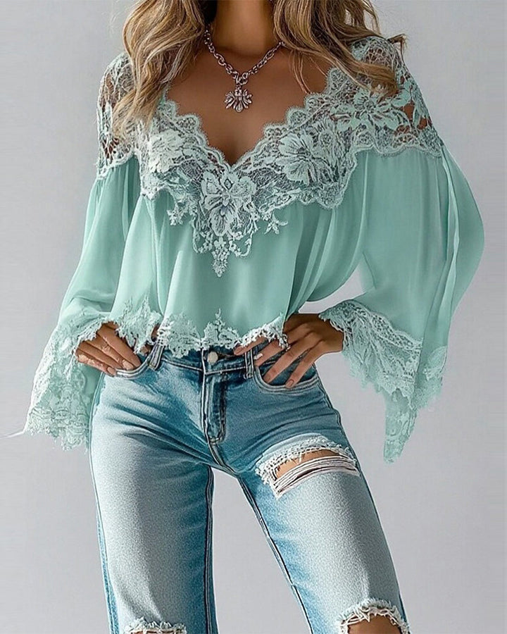 Blouse V-Neck Patchwork Loose Long Sleeve