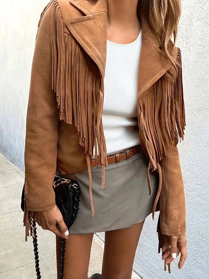 Nolani | Boho Chic Style Leather Jacket with Faux Suede Fringe