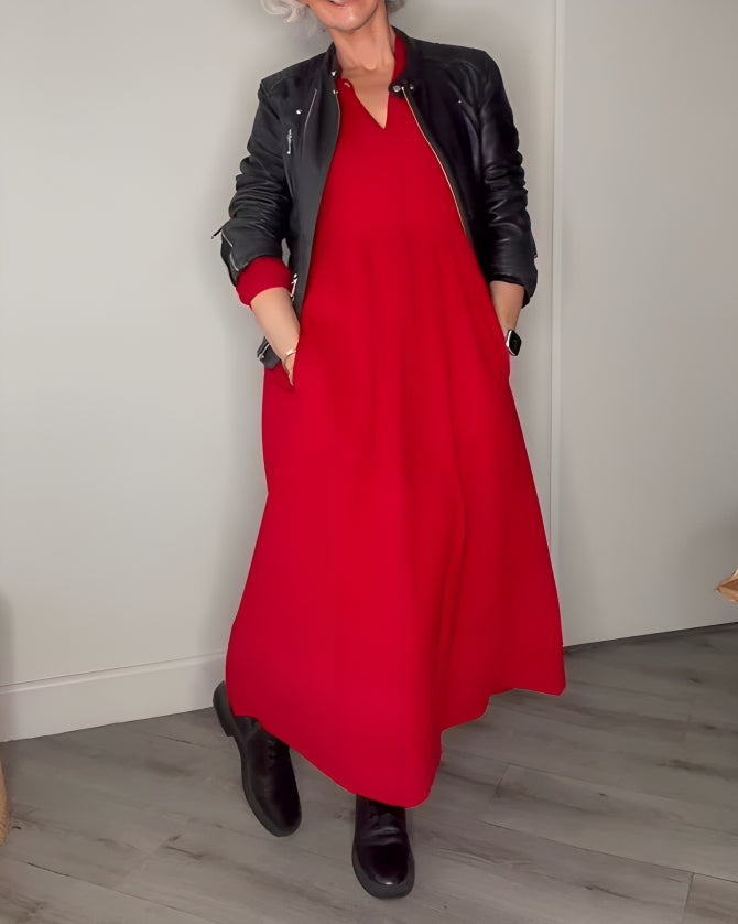 AMANDA – ELEGANT LONG SLEEVE V-NECK MAXI DRESS