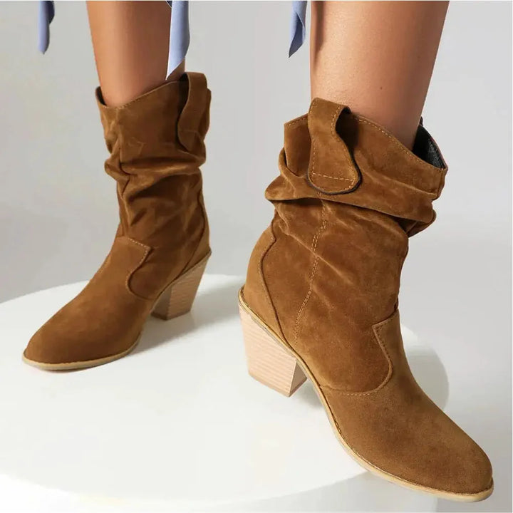 Ruby | Retro Suede Slouchy Cowboy Boots with Chunky Heel