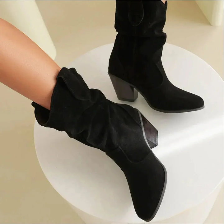 Ruby | Retro Suede Slouchy Cowboy Boots with Chunky Heel