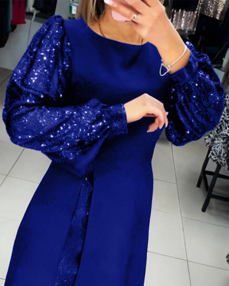 Elegant Dress with Puff Sleeves and Patchwork Details