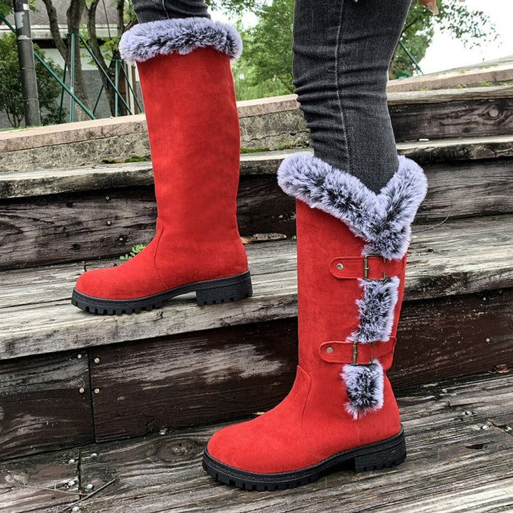 Juliette | Women's Faux Suede Fur-Trim Buckle Knee-High Boots