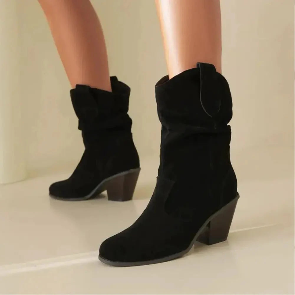 Ruby | Retro Suede Slouchy Cowboy Boots with Chunky Heel