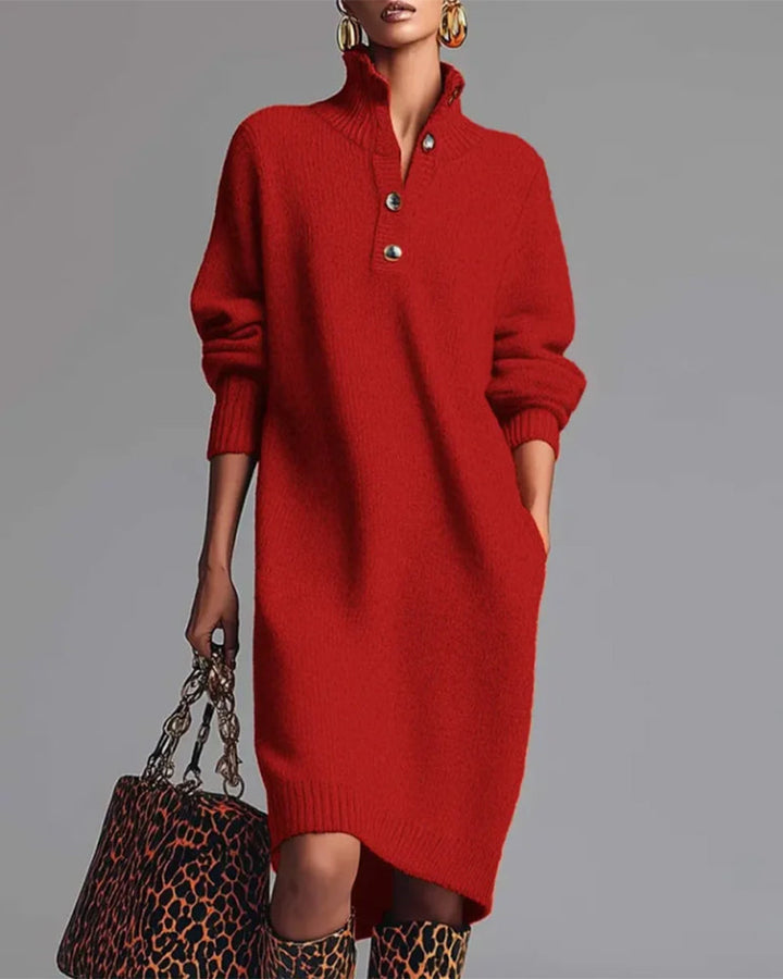 Solid Color Dress with Buttons and High Neck