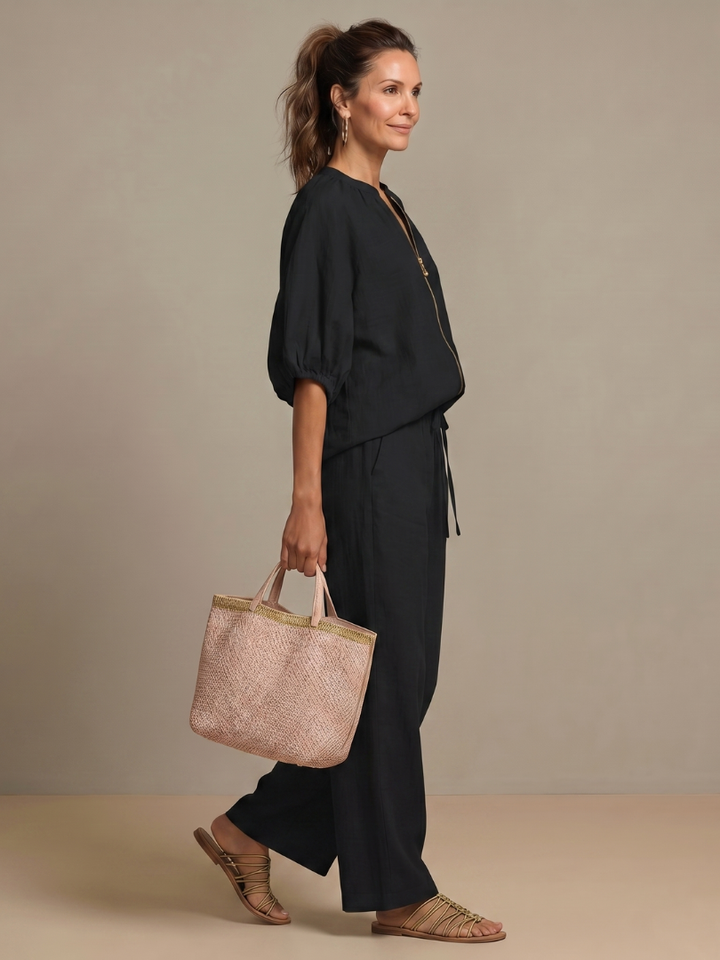 Helena | Zip-Front Blouson Top & Wide-Leg Trousers Two-Piece Set