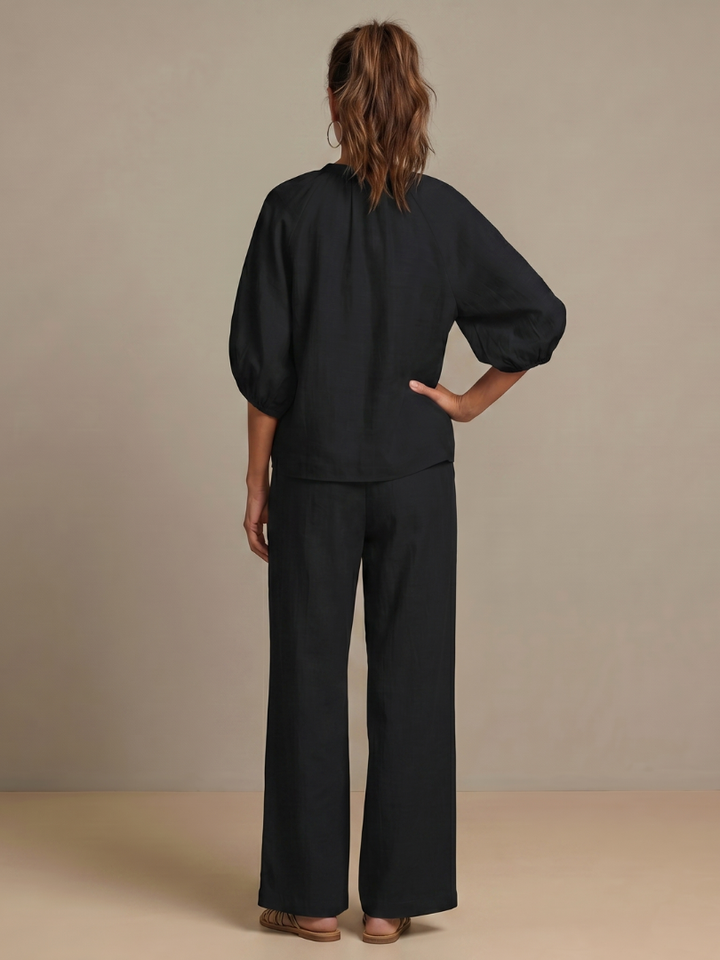 Helena | Zip-Front Blouson Top & Wide-Leg Trousers Two-Piece Set