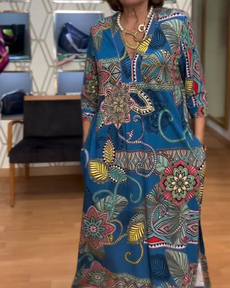 Vintage Floral Print V-Neck Dress