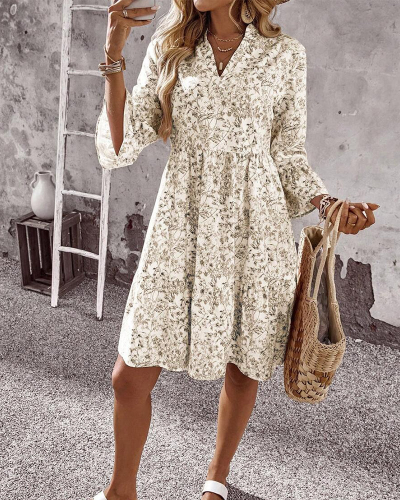 Dress with Stand Collar Floral Print A-Line