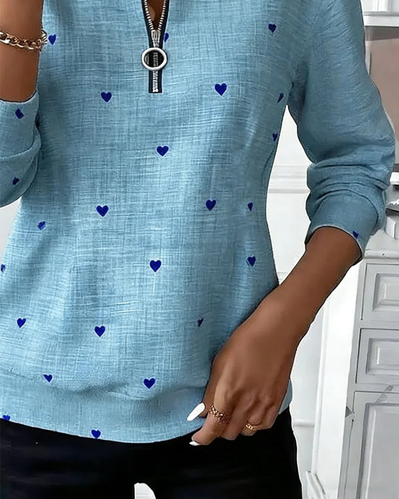 Printed Heart Half-Zip Sweatshirt
