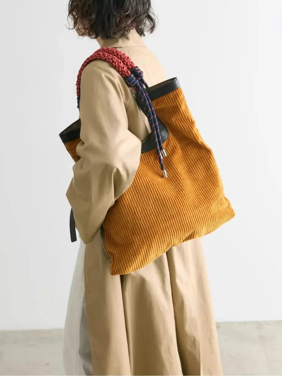 Lainey | Bold Braided Top Handle Corduroy Tote Bag