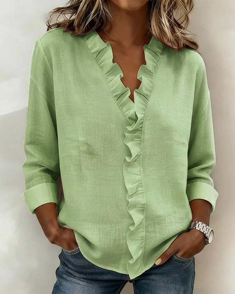 Ruffled Blouse with V-Neck and Long Sleeves