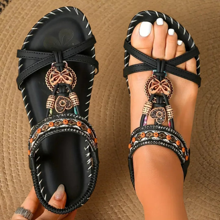 Isadora | Women's Boho Beaded Orthopedic Flat Strap Sandals