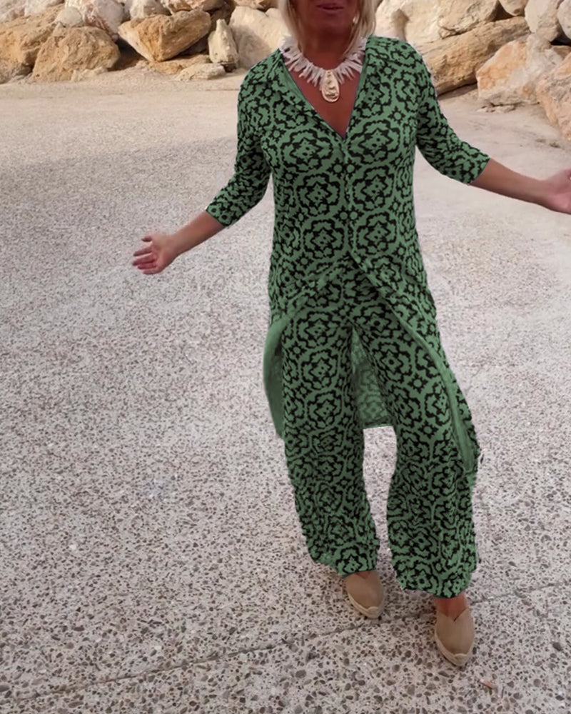 Cassandra | Women's Printed V-Neck Tunic & Wide-Leg Pants Set