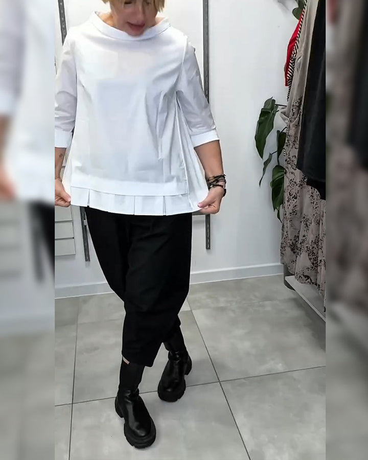 100% Cotton Blouse Wide Collar Solid Color Casual