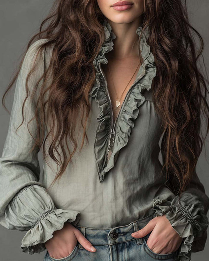 Fashionable Ruffled Demi Zip Blouse
