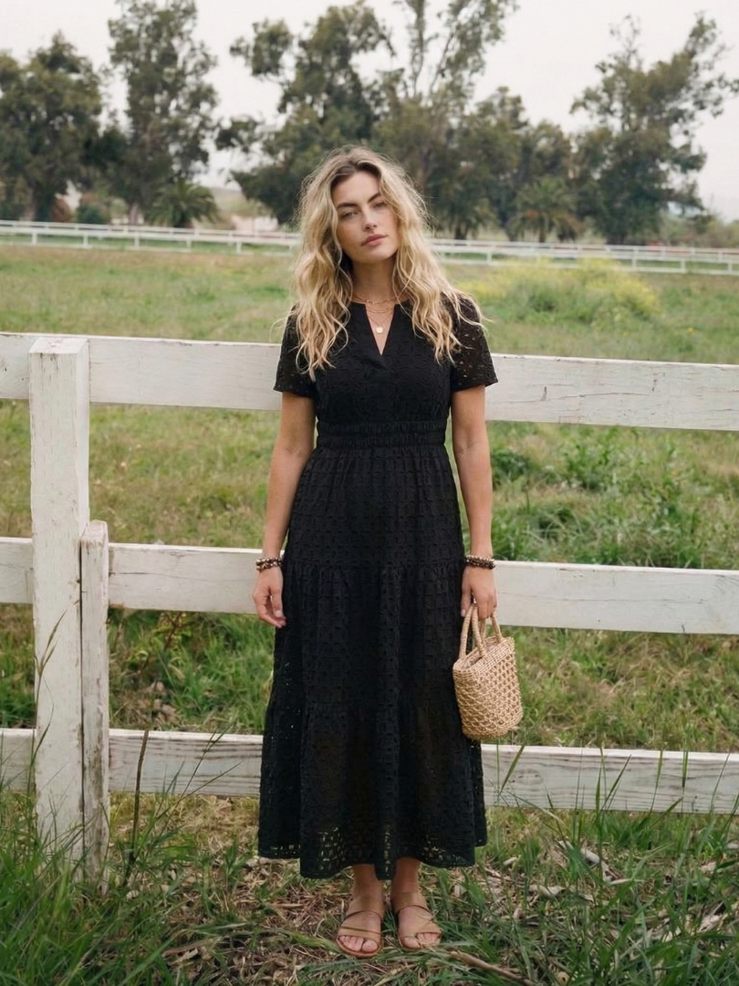 Keyla | Short Sleeve Eyelet Tiered Midi Dress