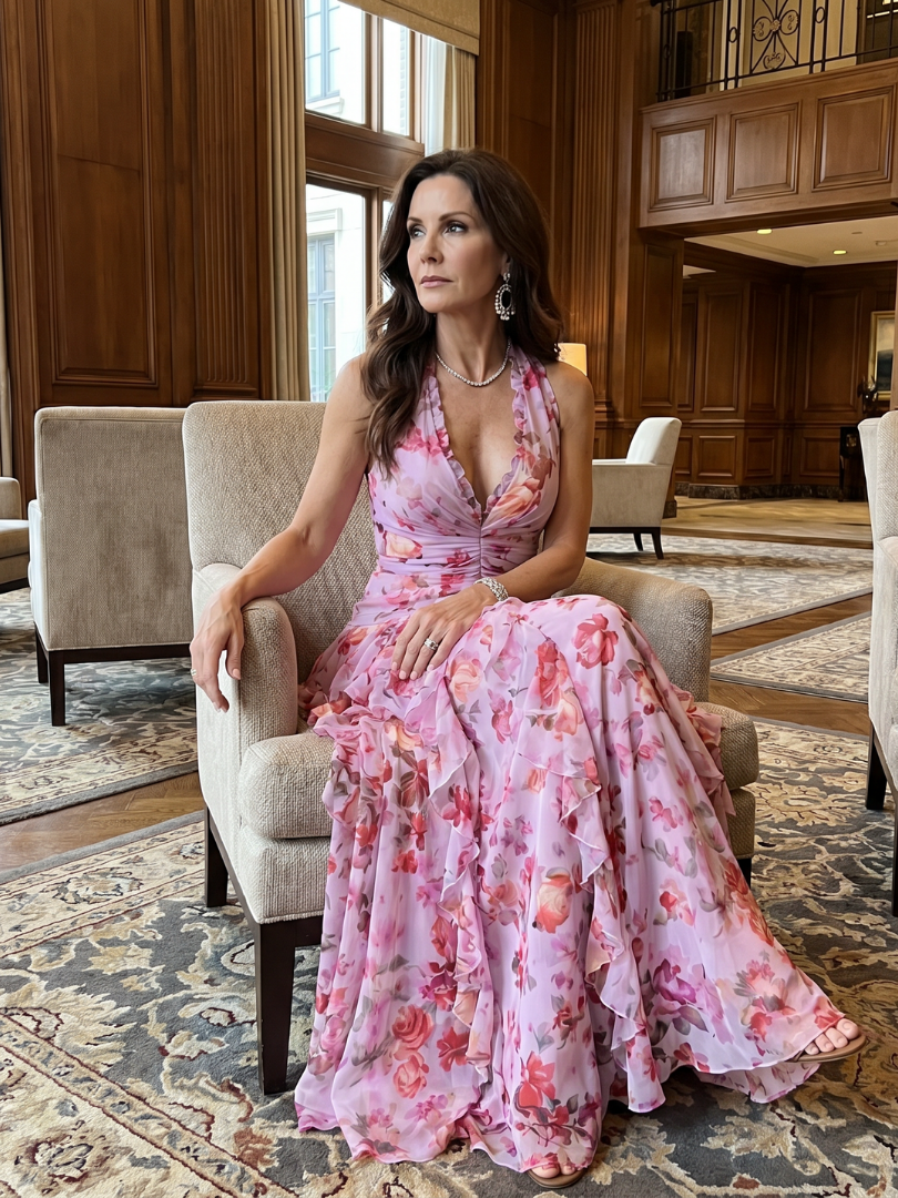 Liora | Halter Neck Ruched Bodice Floral Maxi Dress