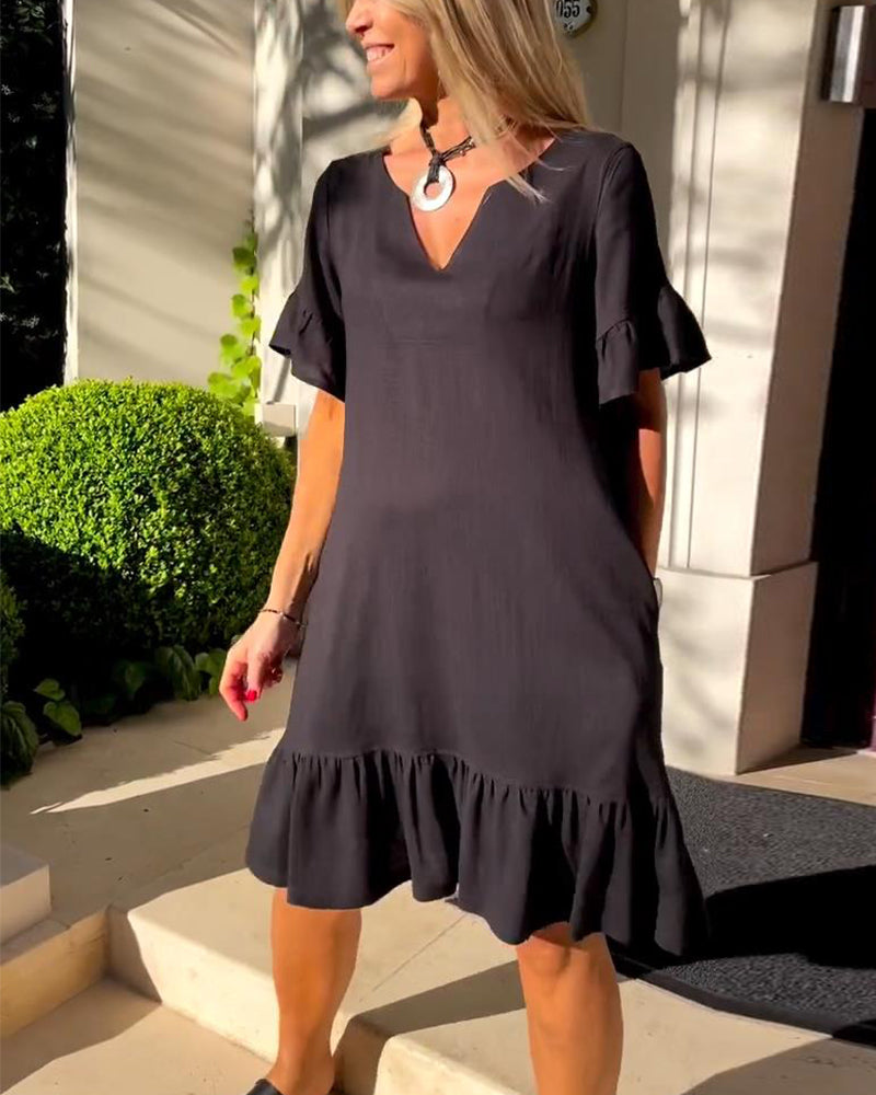 Dress V-Neck Short Flared Sleeve A-Line
