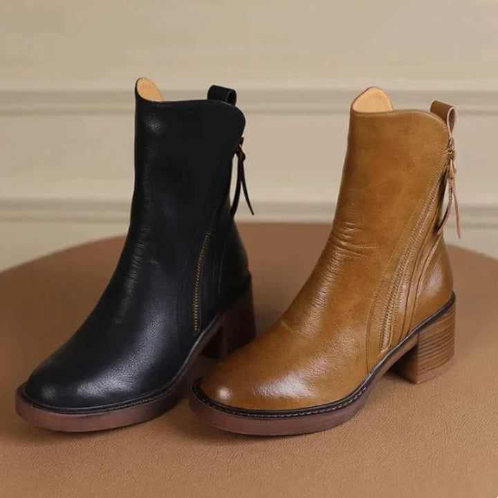 Cecilia | Women's Block Heel Side-Zip Leather Ankle Boots