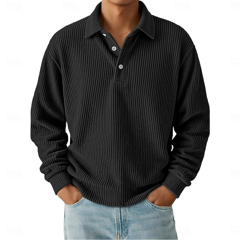 Lucas | Elegant And Refined Ribbed Long-Sleeve Polo Shirt