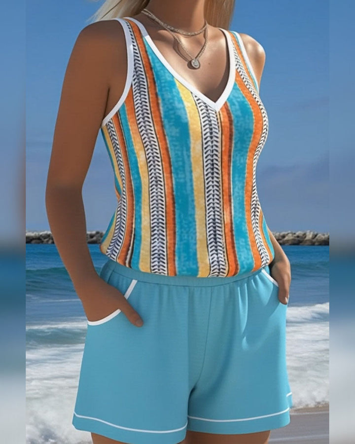 Printed V-Neck Tankini Swimsuit