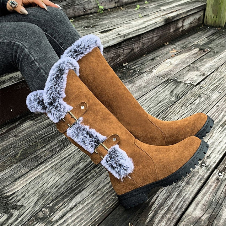 Juliette | Women's Faux Suede Fur-Trim Buckle Knee-High Boots
