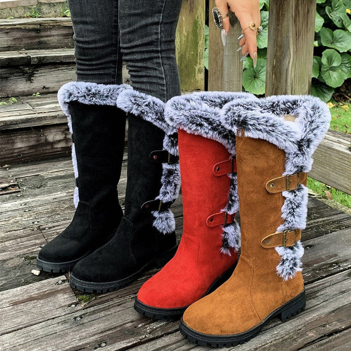 Juliette | Women's Faux Suede Fur-Trim Buckle Knee-High Boots