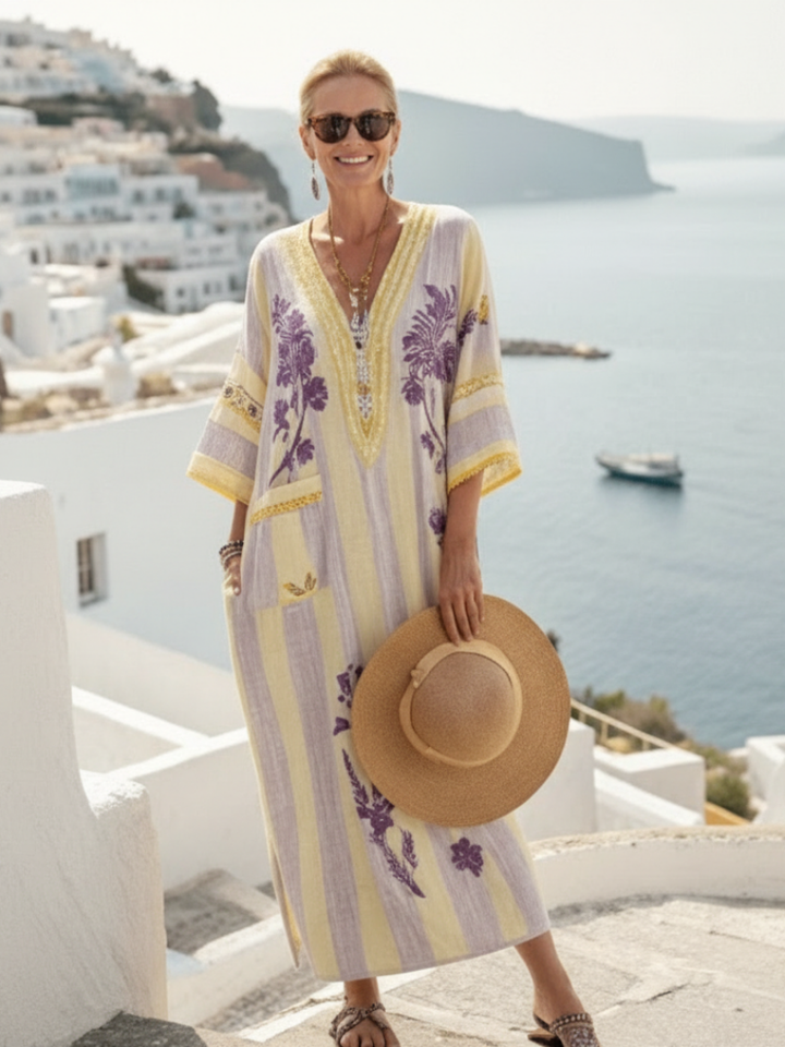 Clara | V Neck Half Sleeve Striped Floral Maxi Dress