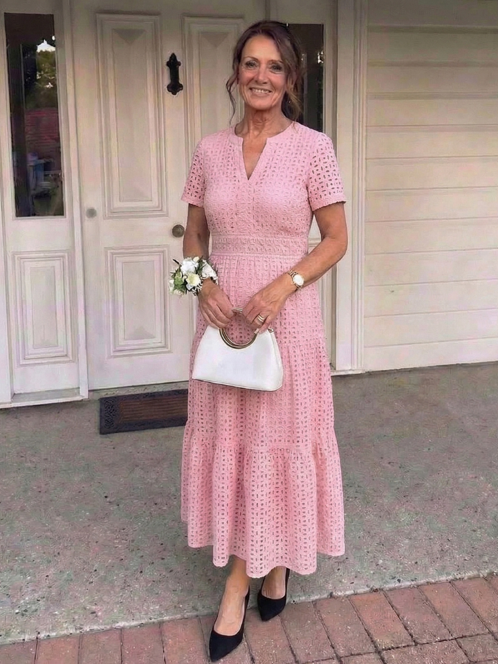 Keyla | Short Sleeve Eyelet Tiered Midi Dress
