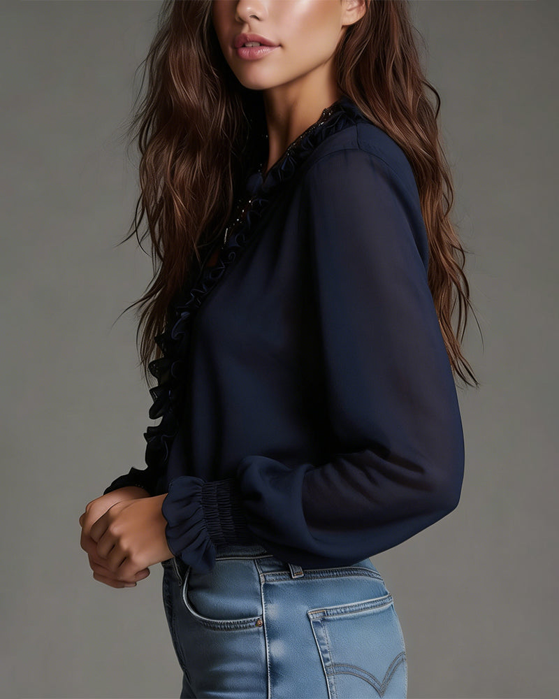 Shirt Half-Zip Ruffle Collar Solid