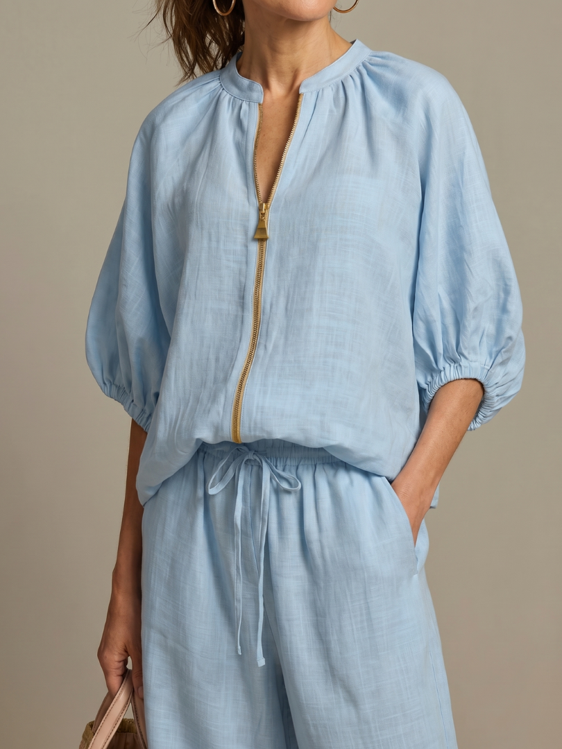 Helena | Zip-Front Blouson Top & Wide-Leg Trousers Two-Piece Set