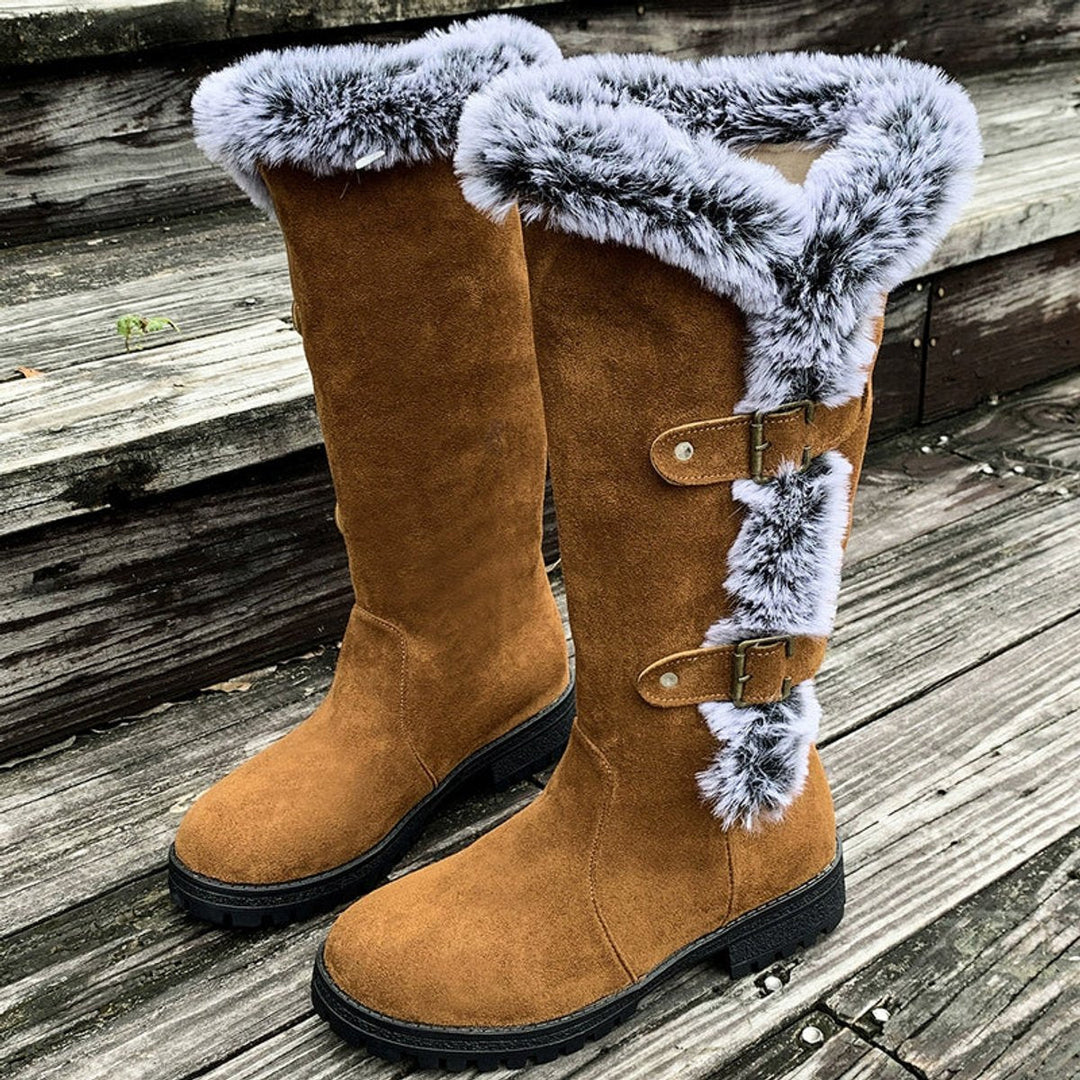 Juliette | Women's Faux Suede Fur-Trim Buckle Knee-High Boots