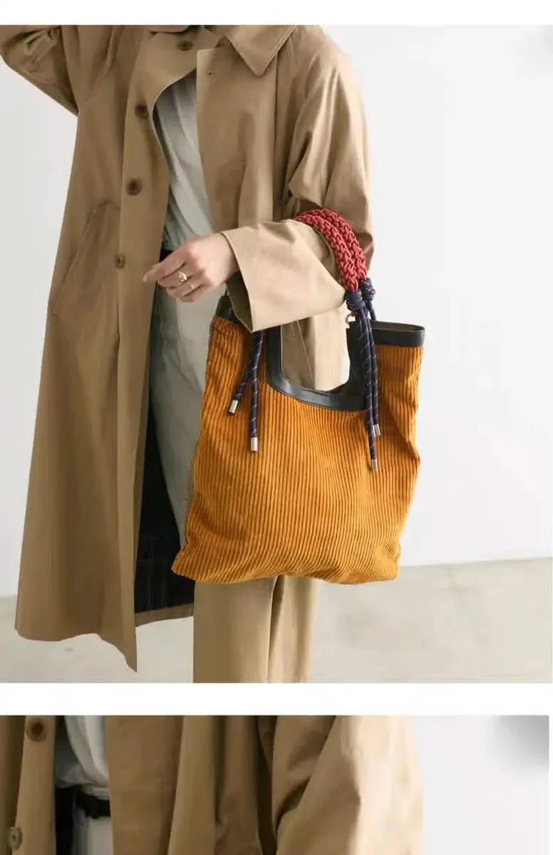 Lainey | Bold Braided Top Handle Corduroy Tote Bag