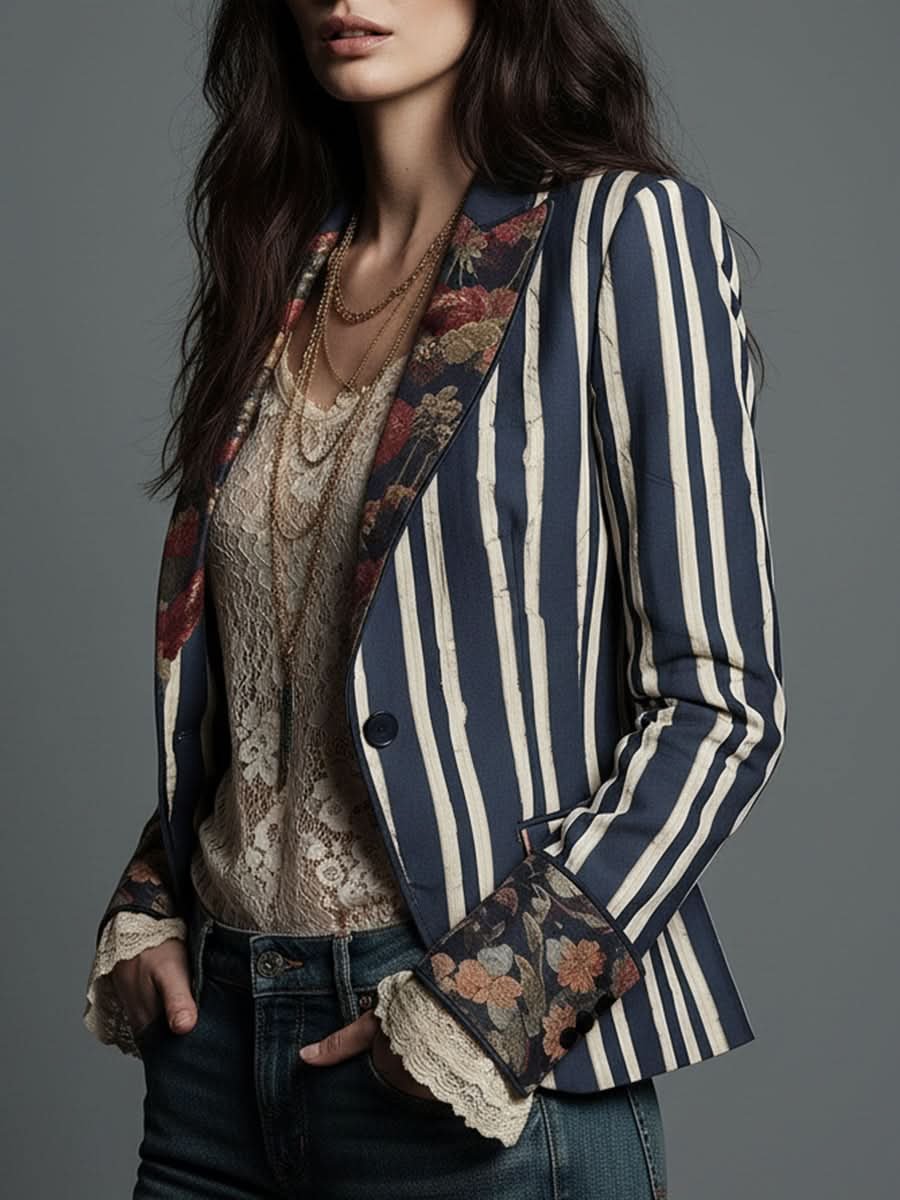 Naomi | Bohemian Floral Design Striped Blazer