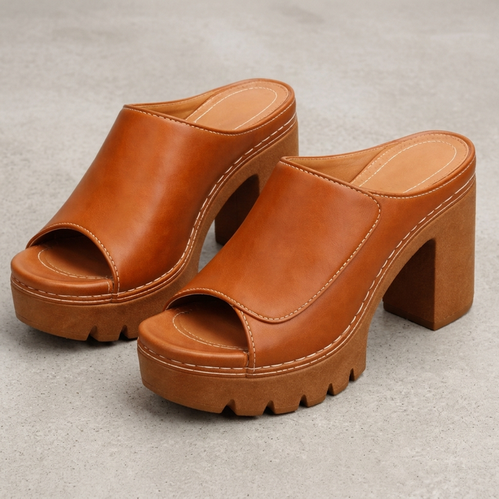 Alena | Elegant Slip-On Style Leather Block-Heel Sandals