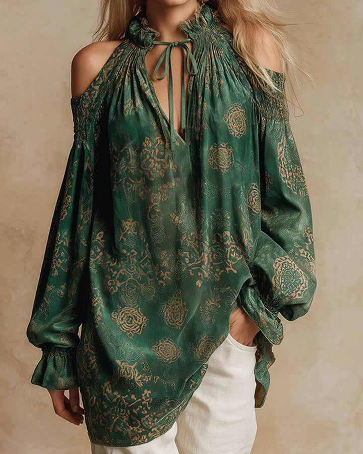 Lantern Sleeve Blouse with V-Neck and Tied Straps