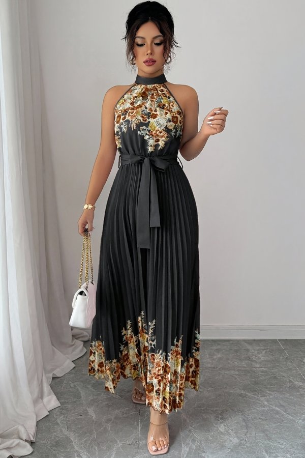 Ashlyn | Floral Pleated Halter Midi Dress