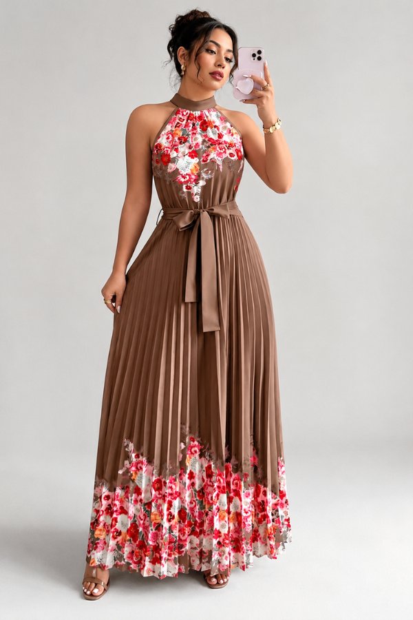 Ashlyn | Floral Pleated Halter Midi Dress
