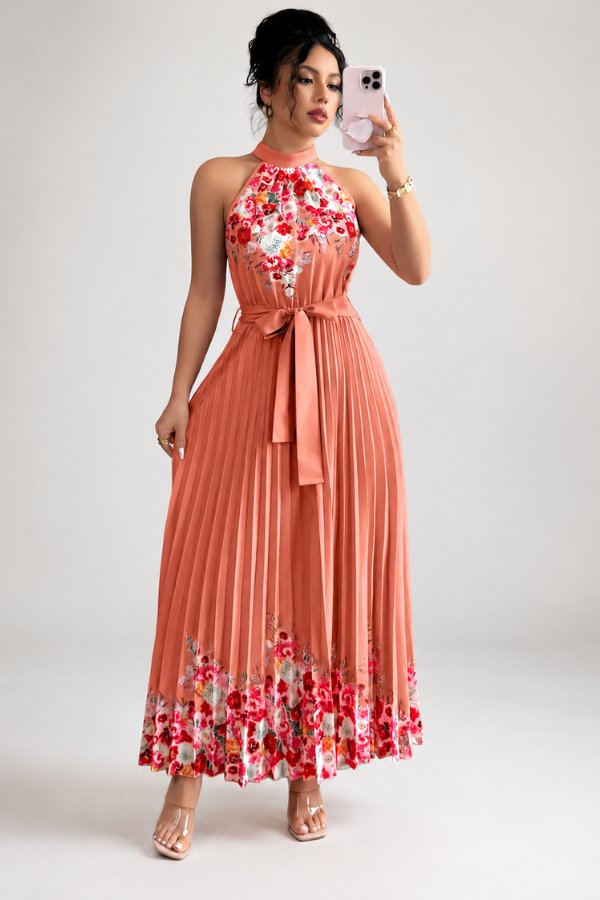 Ashlyn | Floral Pleated Halter Midi Dress