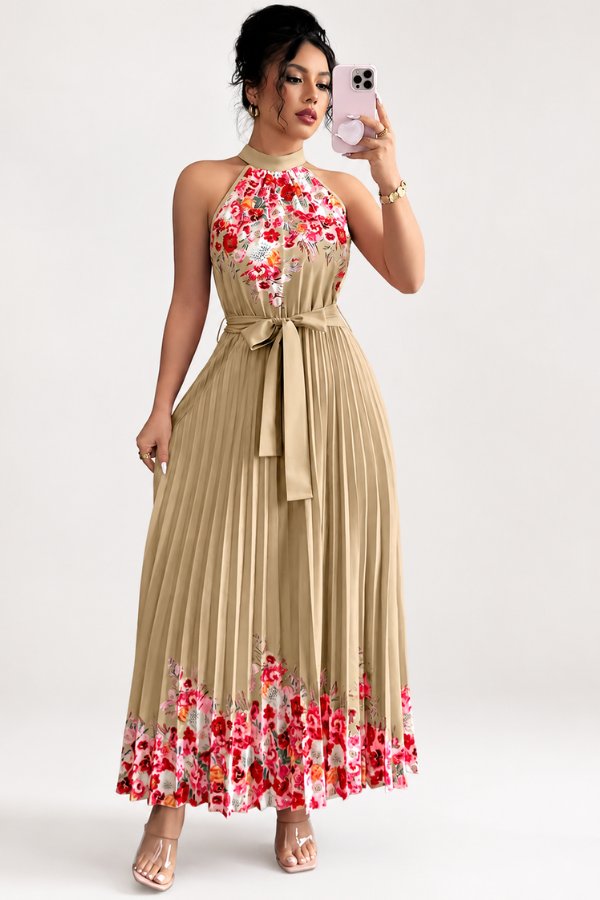 Ashlyn | Floral Pleated Halter Midi Dress