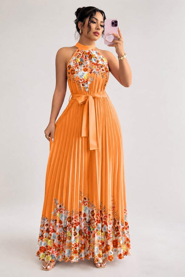Ashlyn | Floral Pleated Halter Midi Dress
