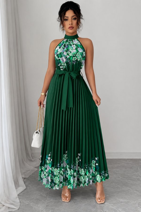 Ashlyn | Floral Pleated Halter Midi Dress
