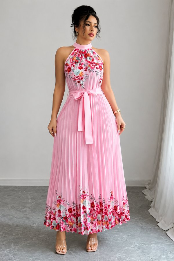 Ashlyn | Floral Pleated Halter Midi Dress